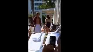 Justin Bieber in an Open Shirt Walking Near the Pool at a Hotel in Miami