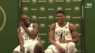 Giannis Antetokounmpo makes a joke at the Bucks Media Day 2017