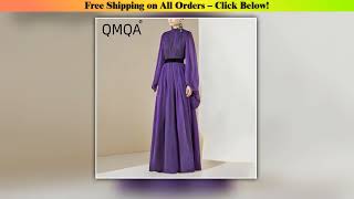 QMQA Fashion Women's High End Luxury Purple Dress Stand Up Collar Long Sleeve Solid Color Pleated