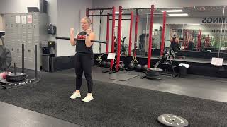 Curtsy Lunge and Pulse with Weighted Bar Elbow Hold