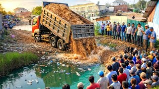 Amazing New Project!! Skill Bulldozer Pushing Soil 5 Ton Dump Trucks Unloading Soil