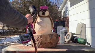 Chainsaw Carving Penguin with Pink Bow Tie | Kyra Waits | 2019