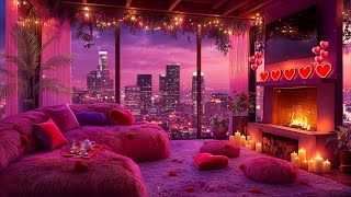 Romantic Jazz Valentine 🌹 Cozy Living Room, Candlelight & Pink City Night View