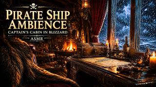 🏴‍☠️ Pirate Ship Ambience • Captain's Cabin in Blizzard • ASMR