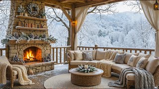 Snowfall at Cozy Winter Porch Ambience ❄️ Relax Piano Music & Fireplace to Relax, Study, Work