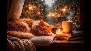 🌧️🔥 24/7 Rain on Window + Crackling Fireplace | Cozy Sleeping Cat Ambience for Deep Sleep