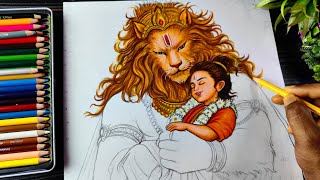 Mahavatar Narasimha With Prahlad Drawing Colour, Narsimha & Prahlad Drawing AnimeStyle, Step By Step