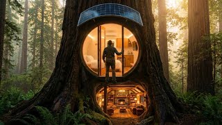 I Built a Hidden Treehouse Inside a Giant Tree (ASMR) | Cozy Off-Grid Cabin (Start to Finish)