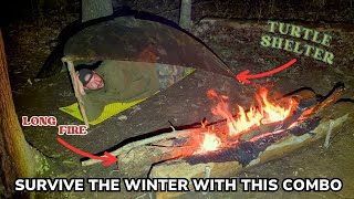 Solo Overnight Surviving the Winter with a Turtle Shelter and Long Fire