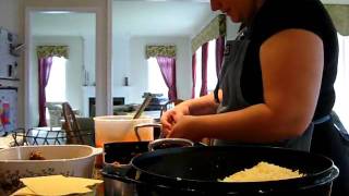 Putting the lasagne pieces together in the pan