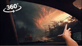 VR 360 Fire tornado destroys the town Virtual Reality interactive video