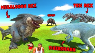 MEGALODON REX vs TEK REX, TIGERSHARK, CHOP in Animal Revolt Battle Simulator with SHINCHAN and CHOP
