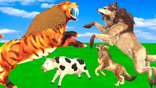 10 Zombie Tiger vs 10 Wolfs Fight Cow Cartoon Buffalo Saved By Woolly Mammoth Elephant Vs Sabertooth