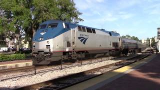 Amtrak Silver Star at Winter Park Station, Florida, at regular speed, pulled by a single locomotive.