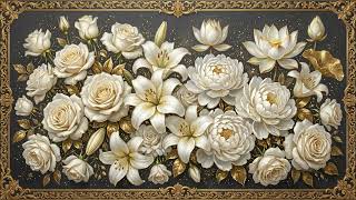 White & Gold Florals on Black 4K | 2 Hours Luxury Framed Art Wallpaper for TV Screen & Screensaver