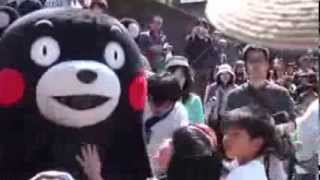くまモン、高いところから飛び降りようしたけど、怖くなってブルブル