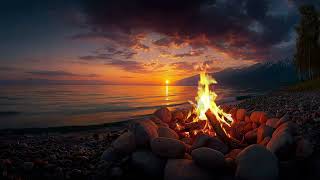 4K 🔥 Peaceful Ocean Shore Campfire, Deep Calm Water Sounds at Golden Hour 🌅