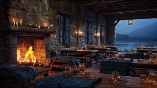 Scottish Highland Pub Ambience [4K] Fireplace & Loch View | Relaxing Celtic Music