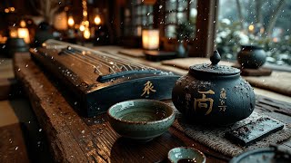 Zen Tea Music for Deep Relaxation ~ Snowfall & Cozy Winter Ambiance | Asian Flute Meditation