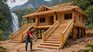 Building a Sturdy Wooden Staircase Leading to a House Above , Surviving Alone in the Forest