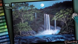Waterfall Scenery Drawing | Oil Pastel Drawing For Beginners