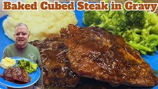 Baked Cubed Steak in Gravy - with only 5 ingredients, this is an easy main dish for dinner! 