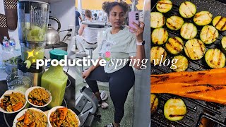 productive SPRING vlog🌷full detailed leg day, grocery shopping, high protein shrimp bowl, meal prep