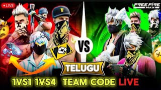 freefire Telugu live 🔥 stream 1vs1 1vs4 team code 🫵 custom room cards guild test ⚡ready to legends