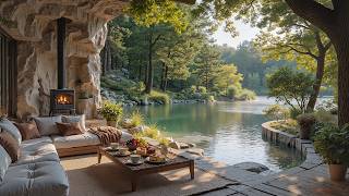 Cozy Lakeside Cabin Ambience on a Summer Morning🌿 Calm Piano Music & Fireplace Sounds