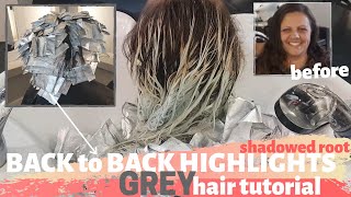 back to back highlights ombre hair technique for shadowed root- how to get silver grey hair tutorial