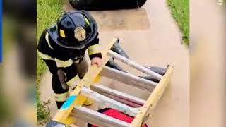Little kid trains as a firefighter