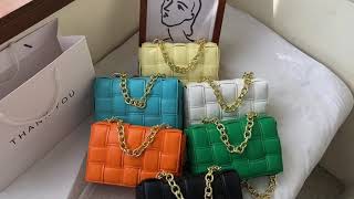 Bag Weave Women Woven Padded Real Leather Shoulder Purse Chain Strap fashionable