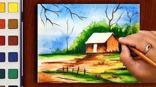 watercolor landscape painting for beginners | step by step | beautiful scenery painting