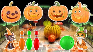 🎃👻 🧹 Halloween Pumpkin Bowling Adventure with Kinetic Sand Learn Colors Vegetables & Items Binkie TV