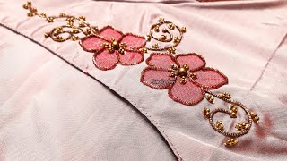 Blouse 147 | Flower Patched Brooch Work in Semi Stitched Blouse| Simply Aari