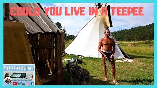 NATIVE AMERICAN LIVES IN A TEEPEE SURROUNDED BY NATIONAL FOREST IN THE BLACK HILLS OF SOUTH DAKOTA