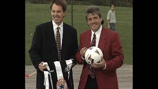 Tony Blair playing football in the 90s while a scruffy Corbyn looks grumpy