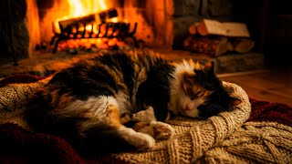 Cozy Winter Night near Fireplace with Purring Cat for Deep Sleep and Relax