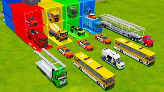 TRANSPORTING POLICE CARS, RESCUE AND MIXER TRUCK, AMBULANCE, CITYBUS TO GARAGE - FS22