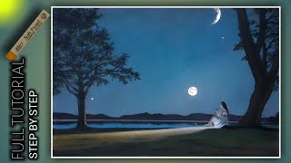 How To Draw, A Girl Sitting Under A Tree On A Moonlit Night |  Soft Pastel Drawing