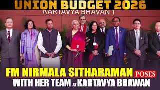LIVE: Finance Minister Nirmala Sitharaman poses with her team ahead of presentation of Budget 2026