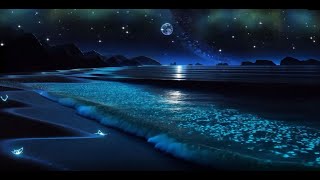 🌊 Bioluminescent Beach at Night | Relaxing Ocean Waves & Cosmic Ambience for Deep Sleep ✨🌙