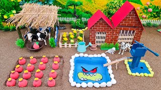 DIY build mini Farm Diorama with House for Farmer, Cow Shed - Mini Hand Pumb Supply Water Garden