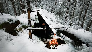 SOLO Two Days WINTER BUSHCRAFT Camp - Shelter in Snowfall