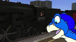 Jason the dinosaur watching Trains in action 