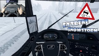 Extreme Snowstorm in Sweden - Nordic Horizons DLC | Euro Truck Simulator 2 | Steering wheel gameplay