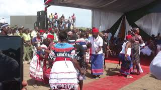 AISHA JUMWA WITH THE TRADITIONAL MUSIC DANCERS PERFORMING AT THE CHENDA CHENDA FESTIVALS.