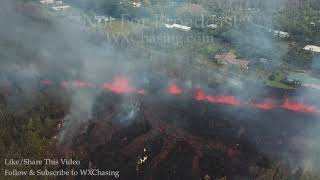 5-5-2018 Leilani Estates, Hawaii Kilauea volcano erupts, lava flows shot from drone 4k