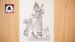 how to draw saraswati devi // how to draw maa saraswati // easy drawing maa saraswati thakur