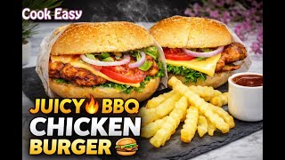 Juicy Chicken BBQ Burger Recipe | Street Style Smoky Burger at Home 🍔🔥